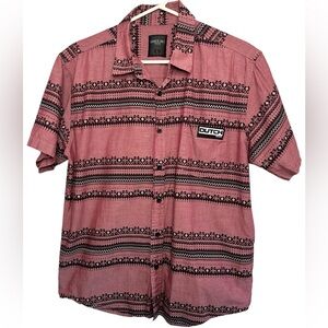 Dutch Bros Button Down Short Sleeve Shirt LARGE Red-Pink Aztec Hawks Bay RARE DB